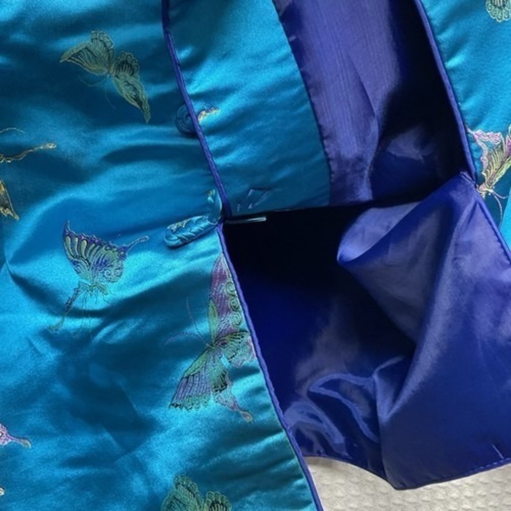 Vintage Asian Sateen Jacket Cheongsam Blue Butterfly Embroidery Women 40 (3XL) - Picture 4 of 7